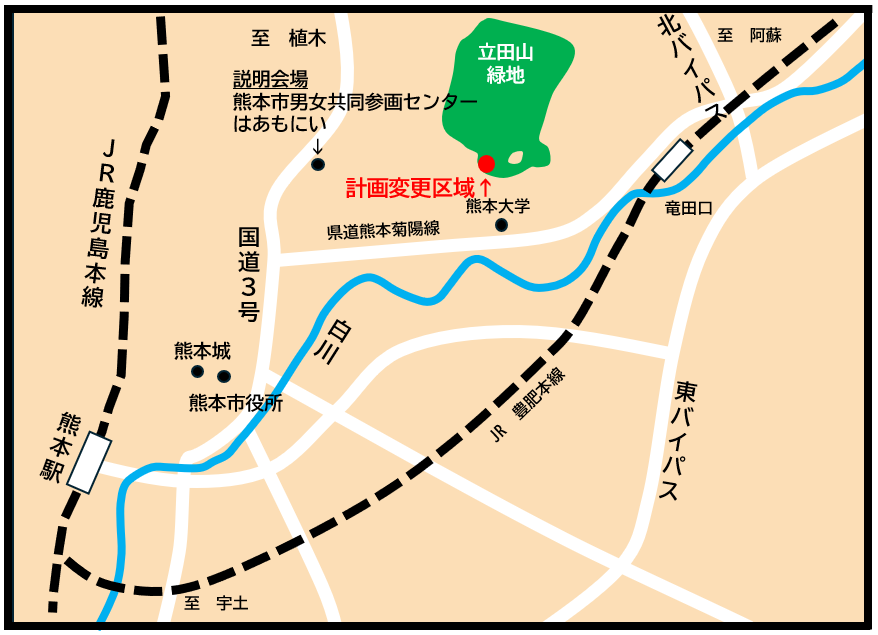 計画変更区域及び説明会場を示す地図